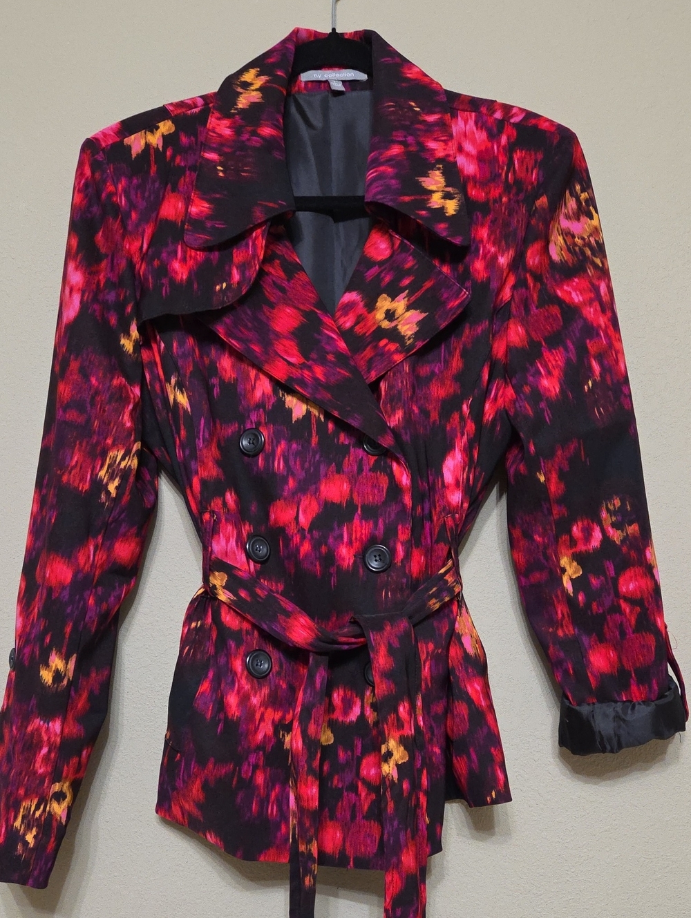 NY Collection Double-Breasted Floral  Coat in Red, Pink & Gold
